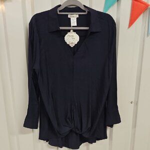 Blue Button Down Blouse with Notched Collar